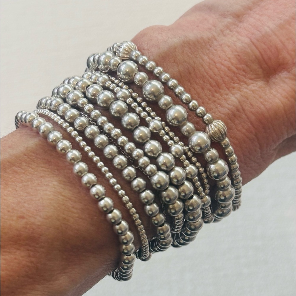Sterling Silver Plated Beaded 9 Bracelet Custom Stack. 7.5” size w/ elastic